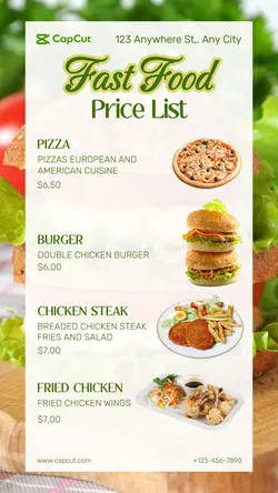 FAST FOOD PRICE LIST PROMOTION IG STORY