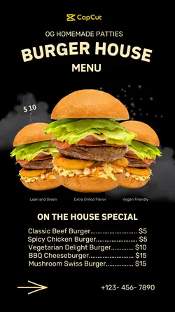 Food and Beverage Burger House Menu Tiktok Ad Black and Yellow Poster