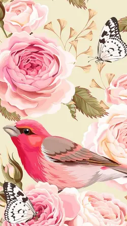 Fond d'écran fleur papillon oiseau blanc rose vert illustration dessin animé