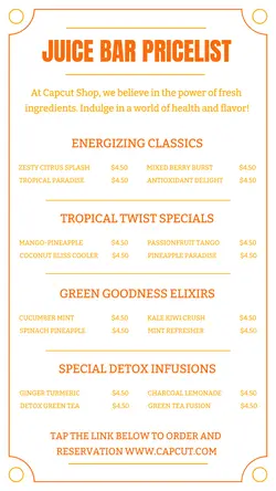 Beverage Juice bar Pricelist Instagram Story
