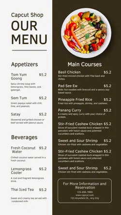 Food & Beverage Thailand Restaurant Menu
