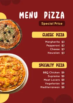 Menu  Pizza Special Price Red Yellow Rounde