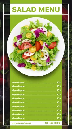 Minimalist salad food menu with pastel green theme editable for Instagram stories