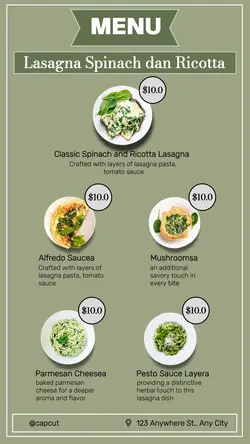 Simple Italian Lasagna Spinach and Ricotta food menu for Instagram stories