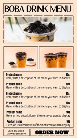 simple minimalist style boba drink menu for Instagram stories