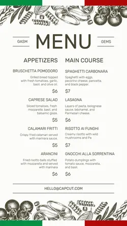 Food & Beverages Italian Food Menu