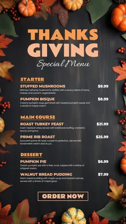 Autumn frame with cute colorful leaves and pumpkins, Thanksgiving Special Food Menu for Instagram Story