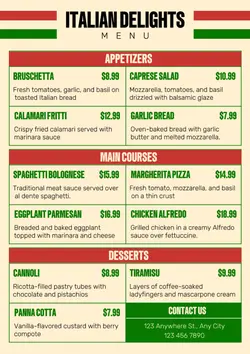 Italian Menu Pricelist Flag Colorful Simple