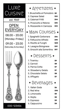 food and beverage italian restaurant menu