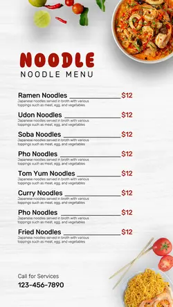 Food and Beverage Noodle Menu