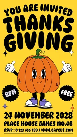 Thanks Giving Invitation Instagram Story Yellow Retro Funny