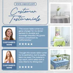 Minimalist blue template design for Woven Table Runner testimonials for Instagram post business