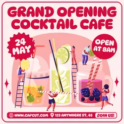 Grand Opening Cocktail Cafe Promotion Instagram Post Flat Pink Red Modern