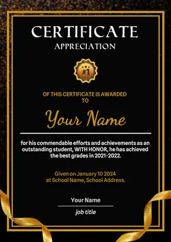 Non-marketing, Certificate, appreciation certificate with black and gold abstract theme