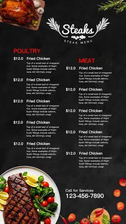 Food and Beverage Steaks Menu