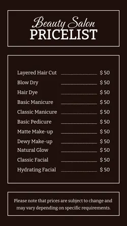 Beauty Salon Pricelist Instagram Story 