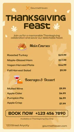 Thanksgiving Day Food and Beverage Menu