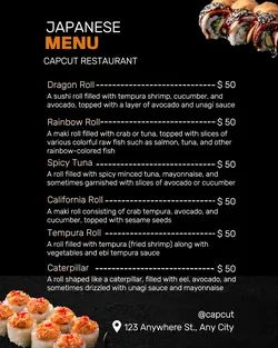 special luxurious Japanese cuisine menu for Instagram portraits