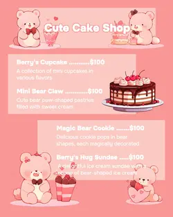Cute Cake Shop Menu