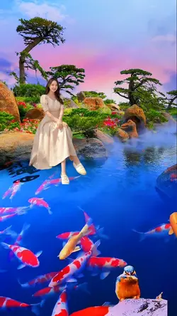 ngồi bên hồ nước