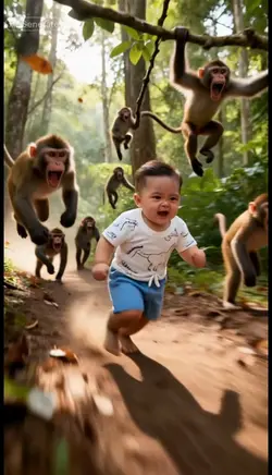 Baby chased monkey 