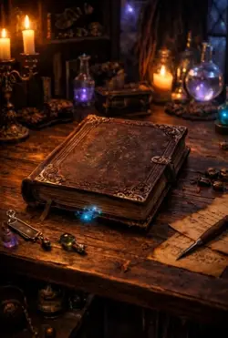 妖精と魔法の書。開いたページに文字入れ