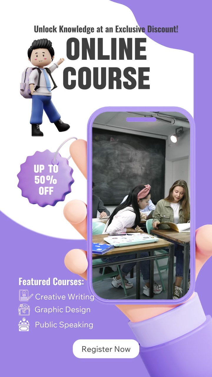 Modèle d'entreprise de réduction de cours en ligne affichage du thème violet style TikTok