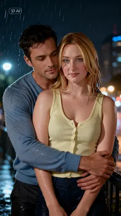 couple hug rain