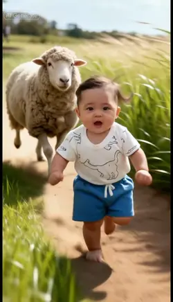 Baby chased by sheep