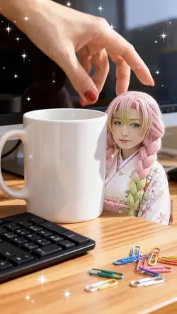 マグカップとデスクとミニチュアAI