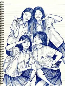 青インクの万年筆スケッチ肖像 