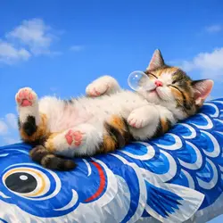 鯉のぼり上でお昼寝中子猫
