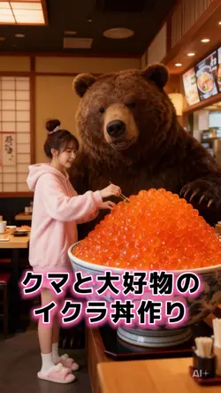 クマと大好物のイクラ丼作り🥢