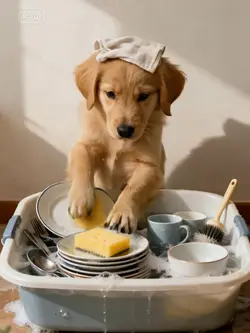 dog washing dishes