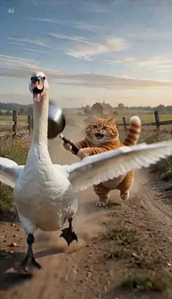 Cat chasing swan