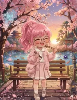 粉紅櫻花女孩的快樂黃昏時光