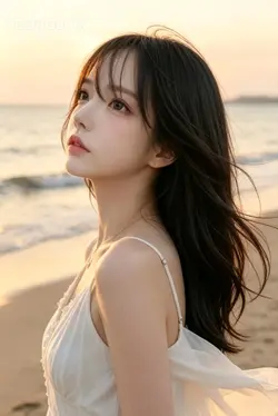 夕焼けの海を清楚な彼女と