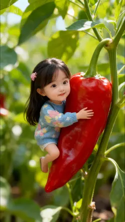 Tí hon ôm ớt đỏ
