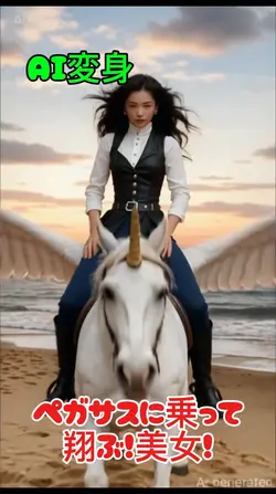 ペガサスに乗り飛ぶ美女 AI変身