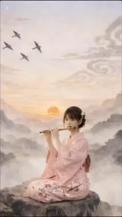 和風 笛を吹く少女