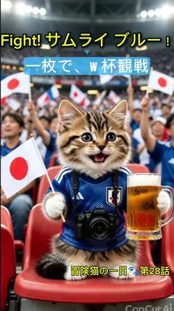 一枚で、猫W杯観戦、サムライ ブルー応援