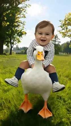 Baby riding a duck