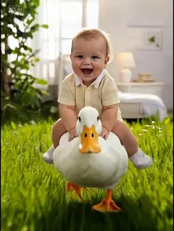 Baby riding a duck