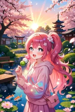 粉紅髮團子女孩・夕陽庭園