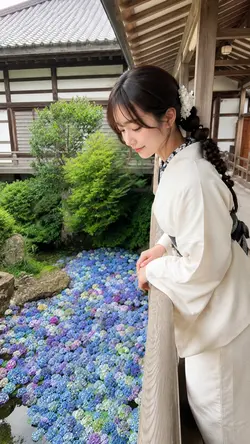 彼女と美しいアジサイの池